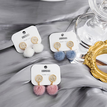 Pave Crystal Disc Stud Earrings Soft Fur Pom Pom Drops