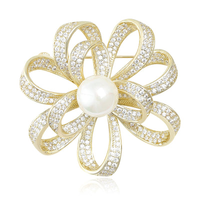 Pearl Center Ribbon Flower Brooch shown on a clean white display