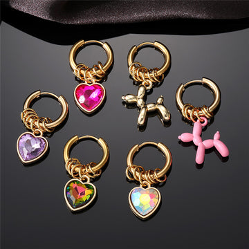 Gold Tone Heart Crystal and Balloon Dog Huggie Drop Earrings