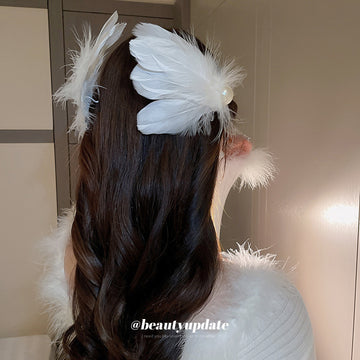 White Feather Hair Clip With Large Pearl Like Center Accent
