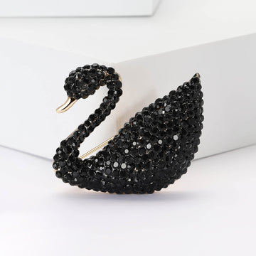 Black Crystal Swan Brooch with Curved Neck for Jackets, Coats, and Scarves