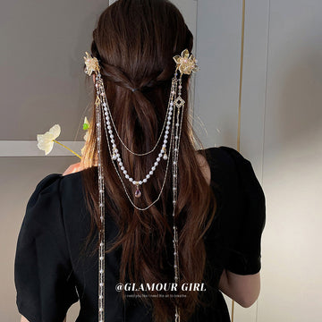 Gold Tone Floral Hair Clip With Pearl And Chain Drapes