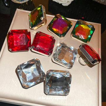 Oversized Square Crystal Open Rings And Stud Earrings