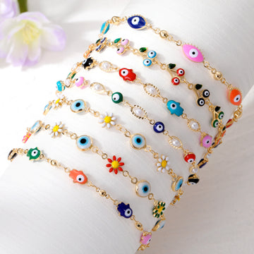 Gold Tone Pearl and Enamel Evil Eye Chain Bracelets in Seven Styles