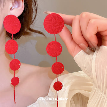 Linked Round Disc Extra Long Drop Earrings in Three Metal Tones