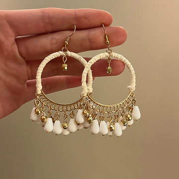 Woven Hoop Tassel Earrings In Ivory And Brown Statement Jewelry Design
