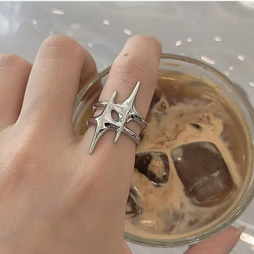 Silver Four Point Star Open Ring Abstract Dual Band