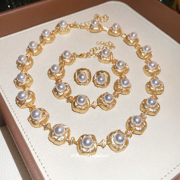 Gold Twisted Leaf Pearl Necklace Bracelet Stud Earrings