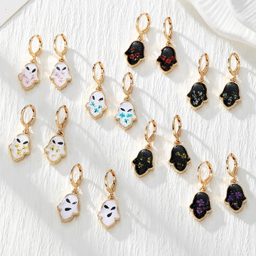 Gold Tone Pressed Flower Hamsa Huggie Earrings in Nine Options