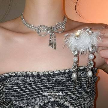 Silver Crystal Pearl Bow Necklace White Feather Tassel Earrings
