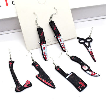 Silver Tone Bloody Weapon Printed Acrylic Hook Earrings