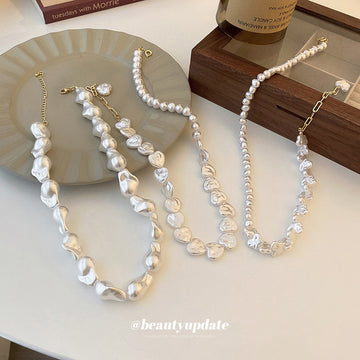 White Irregular Baroque Pearl Strand Necklace Gold Clasp