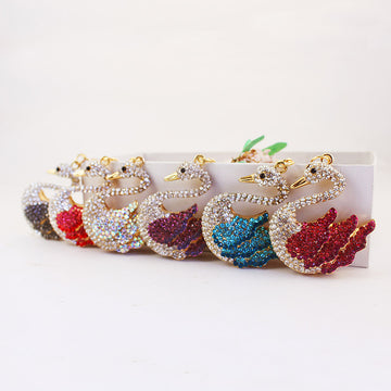 Rhinestone Swan Metal Keychain With Split Ring And Lobster Clasp
