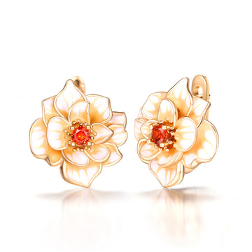 Gold Cream Enamel Flower Orange Center Stud Earrings