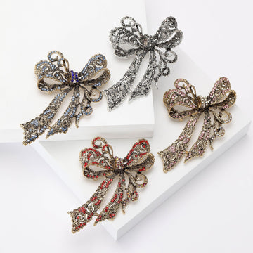 Antique Tone Crystal Ribbon Bow Brooch In Four Colorways