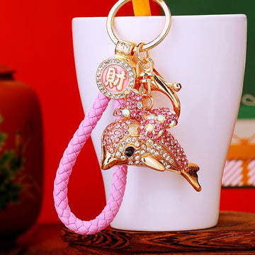 Bow Dolphin Keychains with Crystal Accents, Straps and Tassels