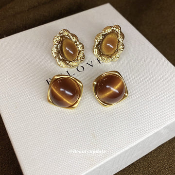 Brown Stone Look Stud Earrings in Round and Ornate Shapes