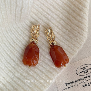 Gold Textured Stud Earrings Amber Irregular Stone Drops