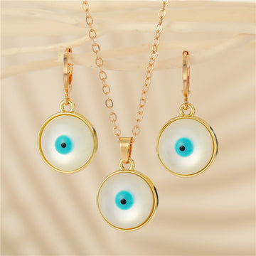 Gold Tone Round Pearl Blue Evil Eye Pendant Necklace and Earrings