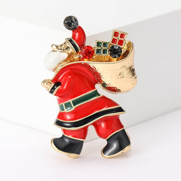 Red Enamel Santa Claus Brooch Gold Gift Bag Crystals