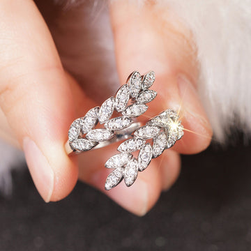 Silver Tone Crystal Leaf Open Ring Polished Statement Fashion Jewelry