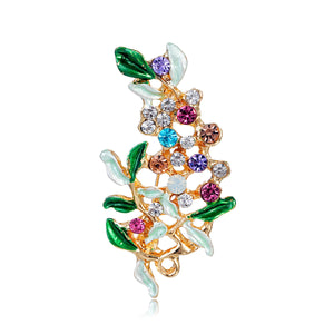 Gold-Tone Enamel Leaf Flower Brooch with Multicolor Stones, 4.9 x 2.6 cm