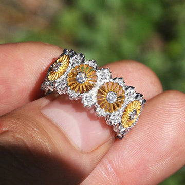 Two-Tone Daisy Link Wide Band Ring with Clear Stone Details