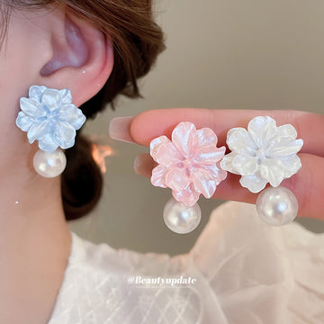 Resin Flower Stud Earrings With Pearl Drops In Three Colors