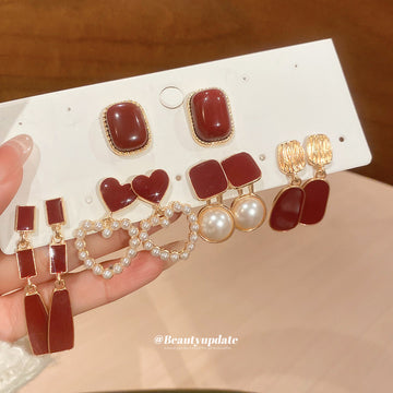 Gold Enamel Heart Oval Pearl Stud Drop Earring Five Pair Set