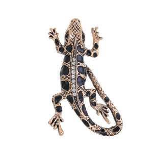 Electroplated Zinc Alloy Gecko Brooch with Black Enamel Stones