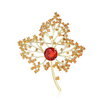 Gold Maple Leaf Brooch Amber Rhinestone Red Center Pin