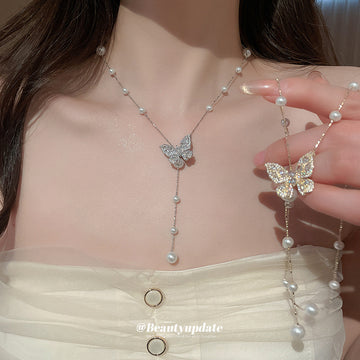 Rhinestone Butterfly Pearl Lariat Necklace Silver Gold