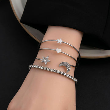 Silver Star Moon Heart Rhinestone Open Cuff Bracelet Set