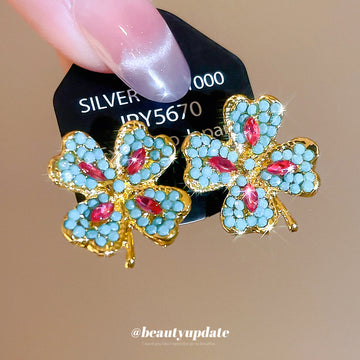Gold Tone Multicolor Crystal Four Leaf Flower Stud Earrings