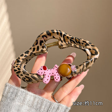 Leopard Print Oval Claw Clip Pink Balloon Dog Bead Charm