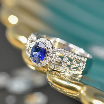 Silver Tone Blue Oval Stone Ring With Layered Pavé Band
