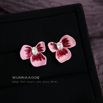 Pink Enamel Three Petal Flower Stud Earrings Crystal