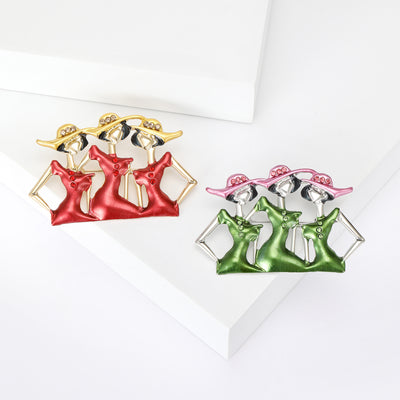 Product display showing three stylized women in glossy dresses beneath a shared hat brim