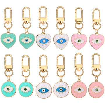 Twelve Piece Gold Tone Pastel Heart and Round Evil Eye Keychain Set