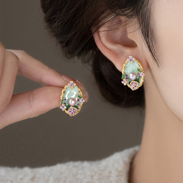 Green Enamel Crystal Pearl Stud Earrings Fashion Jewelry