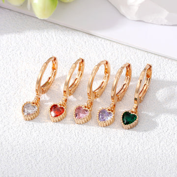 Gold Tone Small Faceted Crystal Heart Huggie Drop Earrings