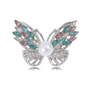 Silver Rhinestone Butterfly Pearl Brooch Four Colors