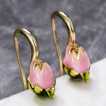 Gold Tone Pink Tulip Flower Hook Earrings with Enamel Detail