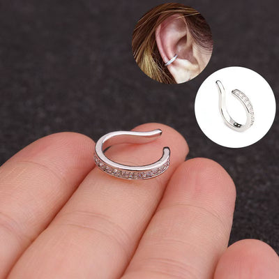 Silver open ear cuff on fingers with ear wear inset and product icon