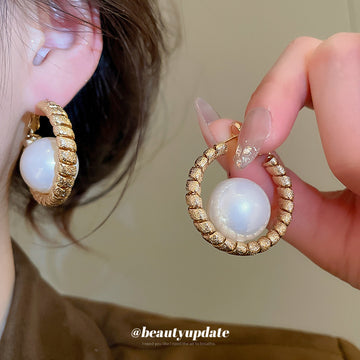 Gold Tone Textured Hoop Earrings With Oversized Pearl Centers