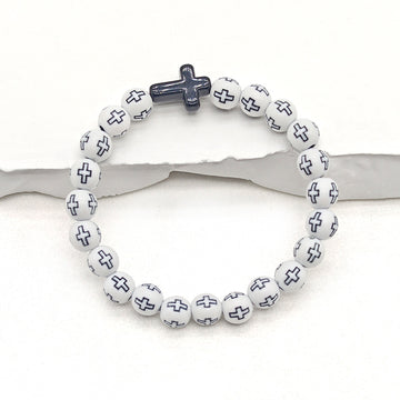 White Black Cross Print Bead Stretch Bracelet Charm