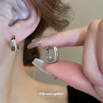 Silver Layered Oval Crystal Geometric Huggie Earrings