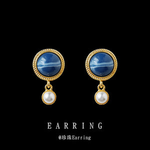 Blue Round Cabochon Stud Earrings Pearl Drop Bezel
