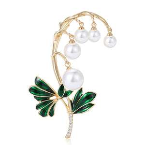 Lily of the Valley Enamel Brooch with Pearl Bells, Two Metals