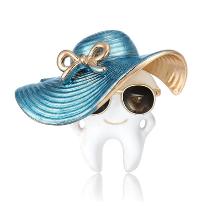 Front view of white tooth character wearing a broad hat